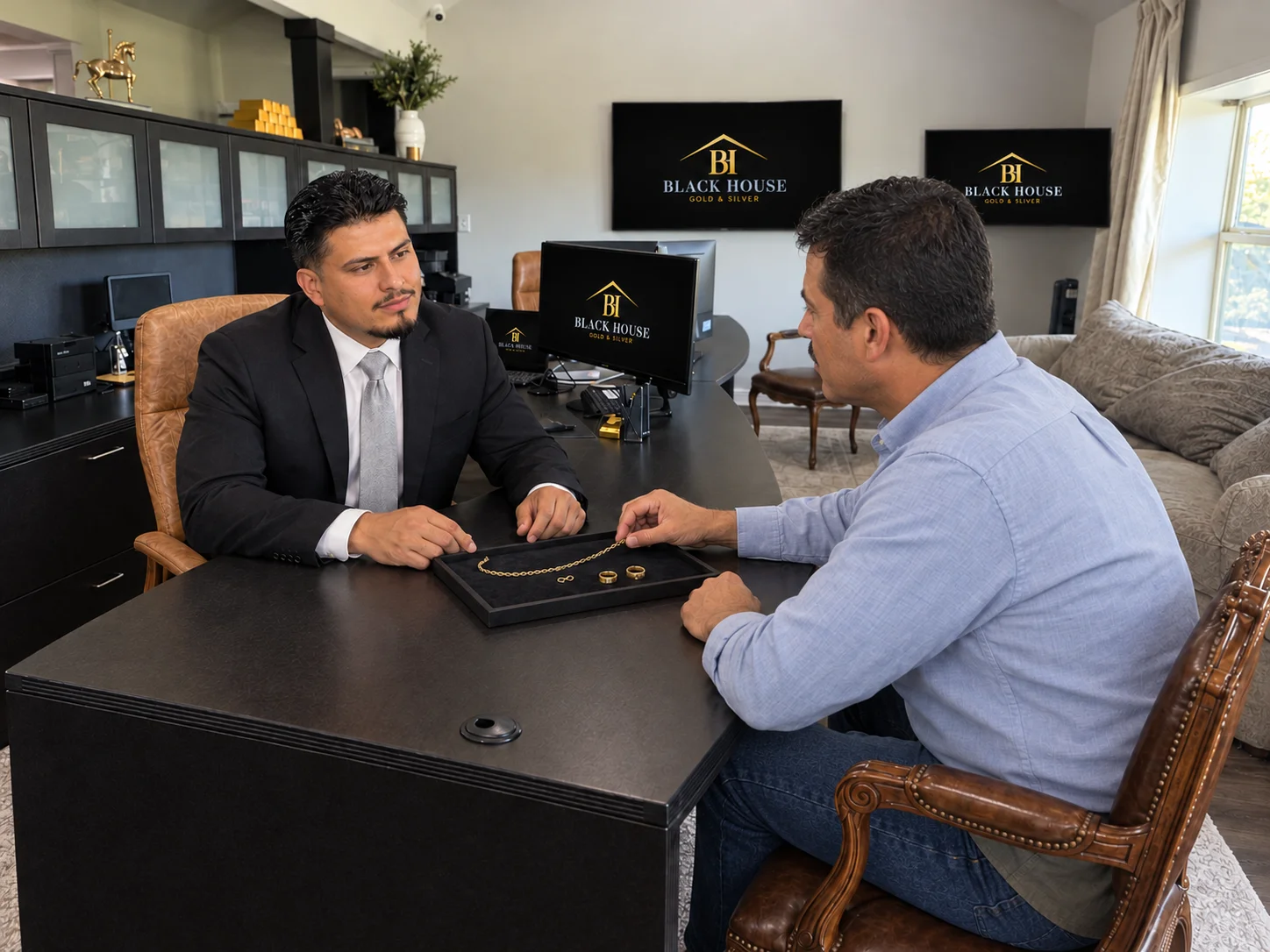 Illustrative scene of Jefferson discussing a gold chain and rings with a customer in the Buying Room