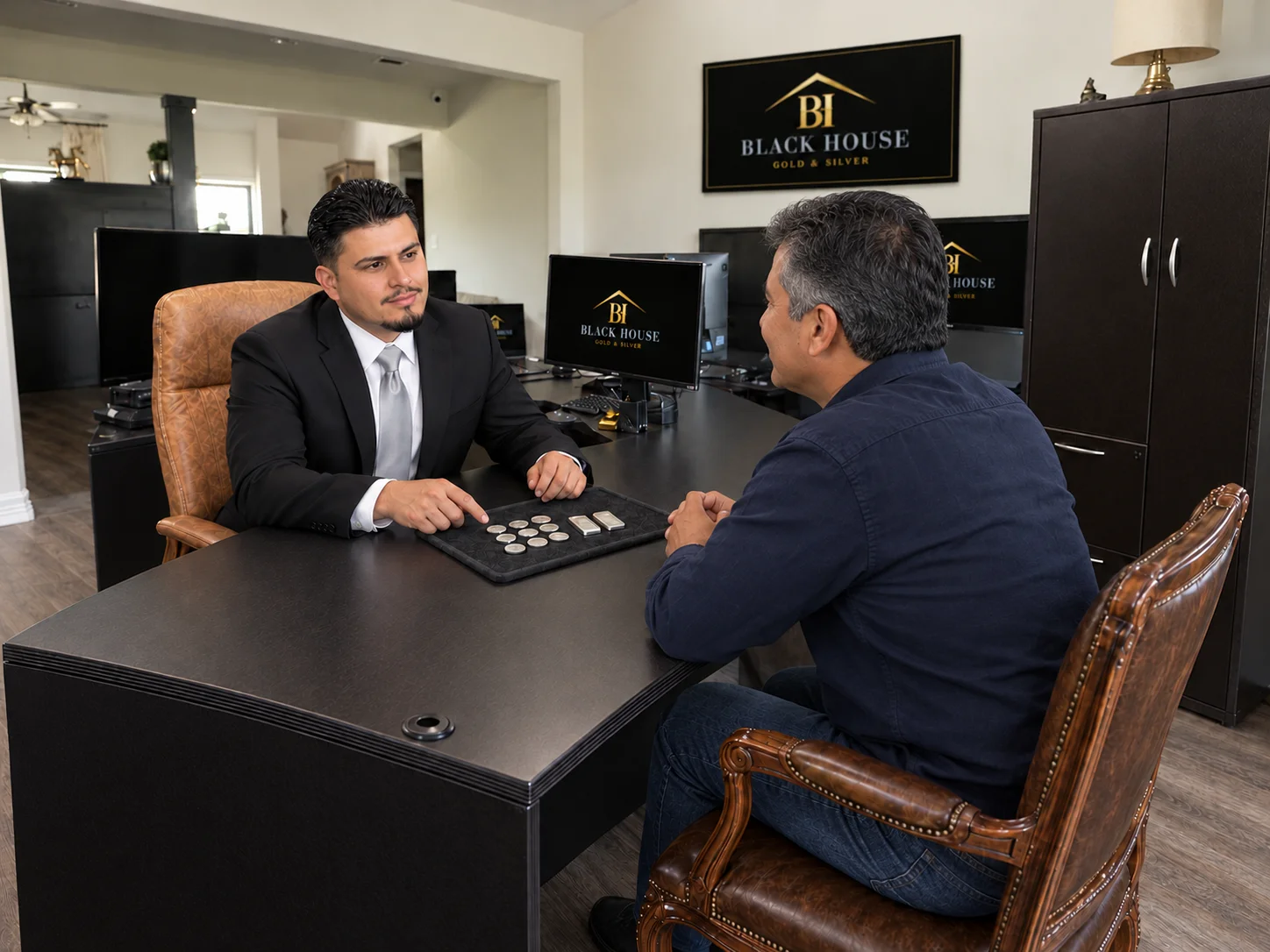 Illustrative scene of Jefferson discussing silver coins and bars with a customer in the Buying Room