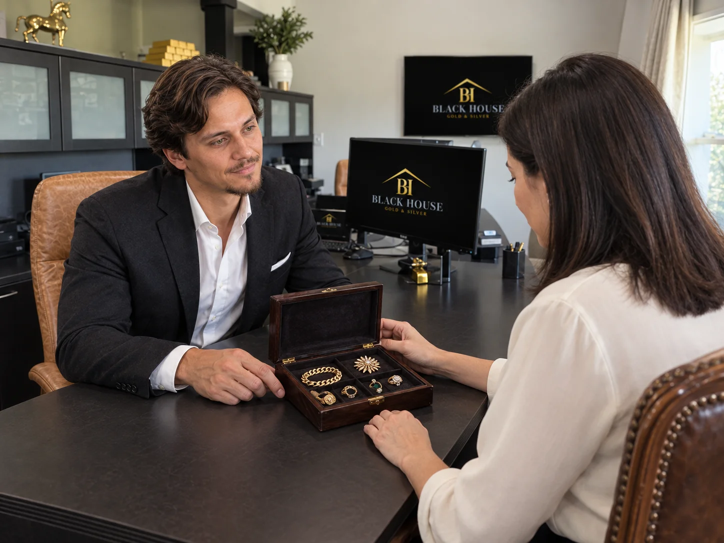 Illustrative scene of Tommy Junior discussing estate jewelry with a customer in the Buying Room