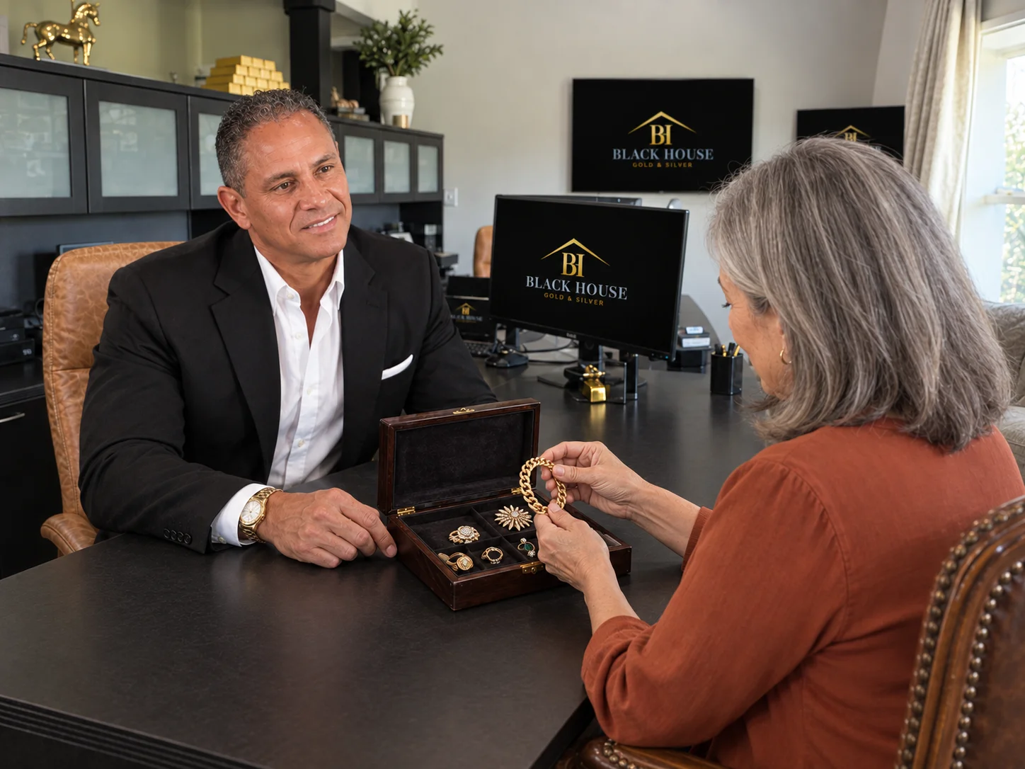 Illustrative scene of Tommy Senior reviewing an estate jewelry box with a customer in the Buying Room