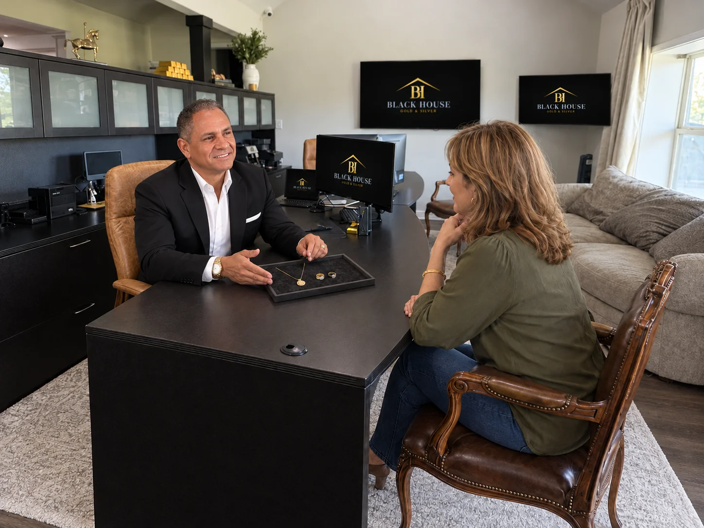 Illustrative scene of Tommy Senior discussing jewelry with a customer in the Buying Room