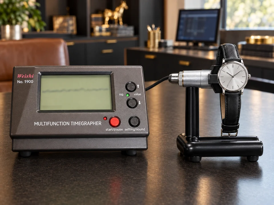 Illustrative setup of a Weishi No.1900 with the proper connected microphone clamp holding an unbranded mechanical watch.