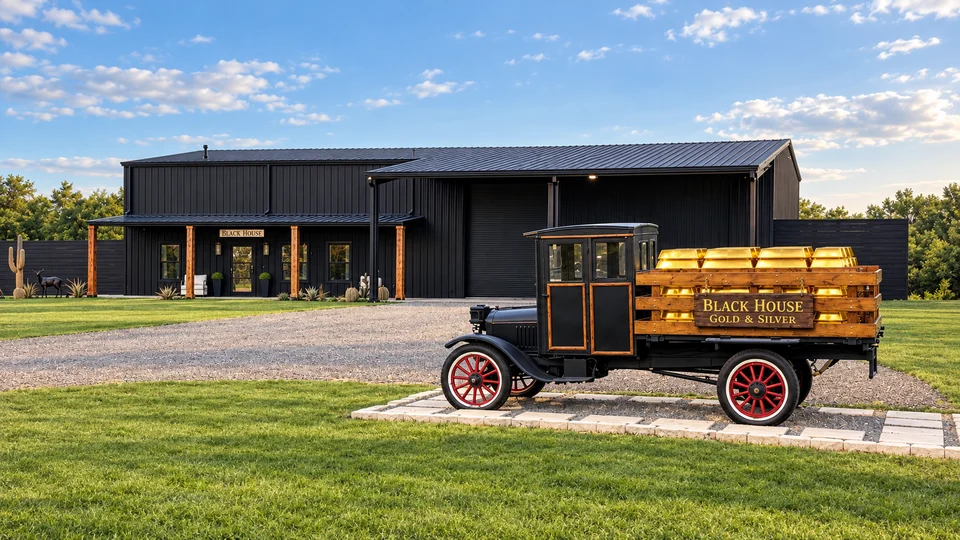 AI-enhanced view of the Black House building and 1918 Model TT.