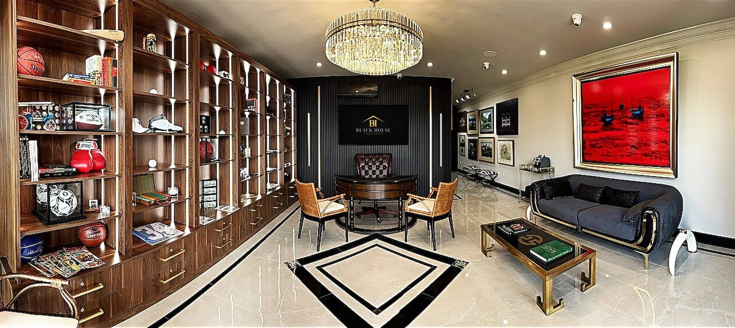 The Collector's Lounge at Black House Gold & Silver in West Friendswood, Texas, panoramic view